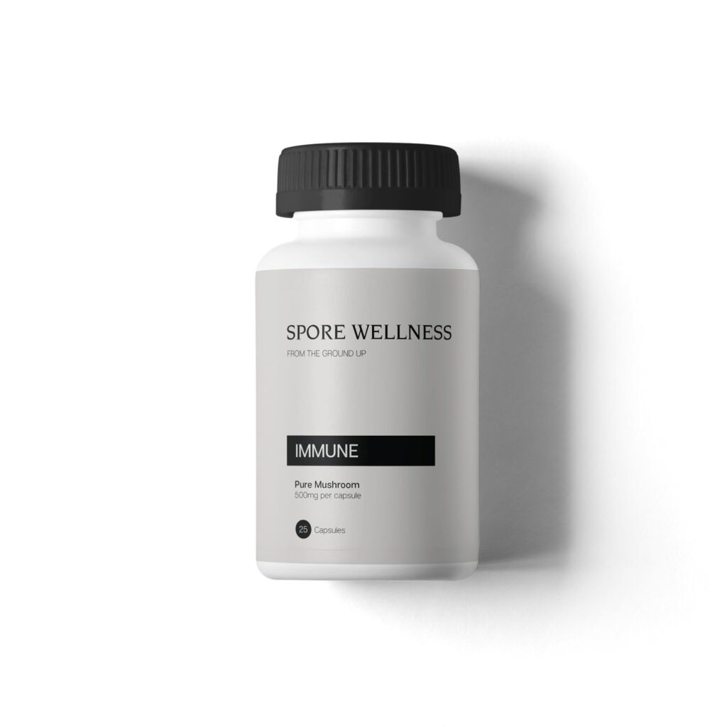 Spore Wellness brand Immune model wellness supplement container with custom graphic label